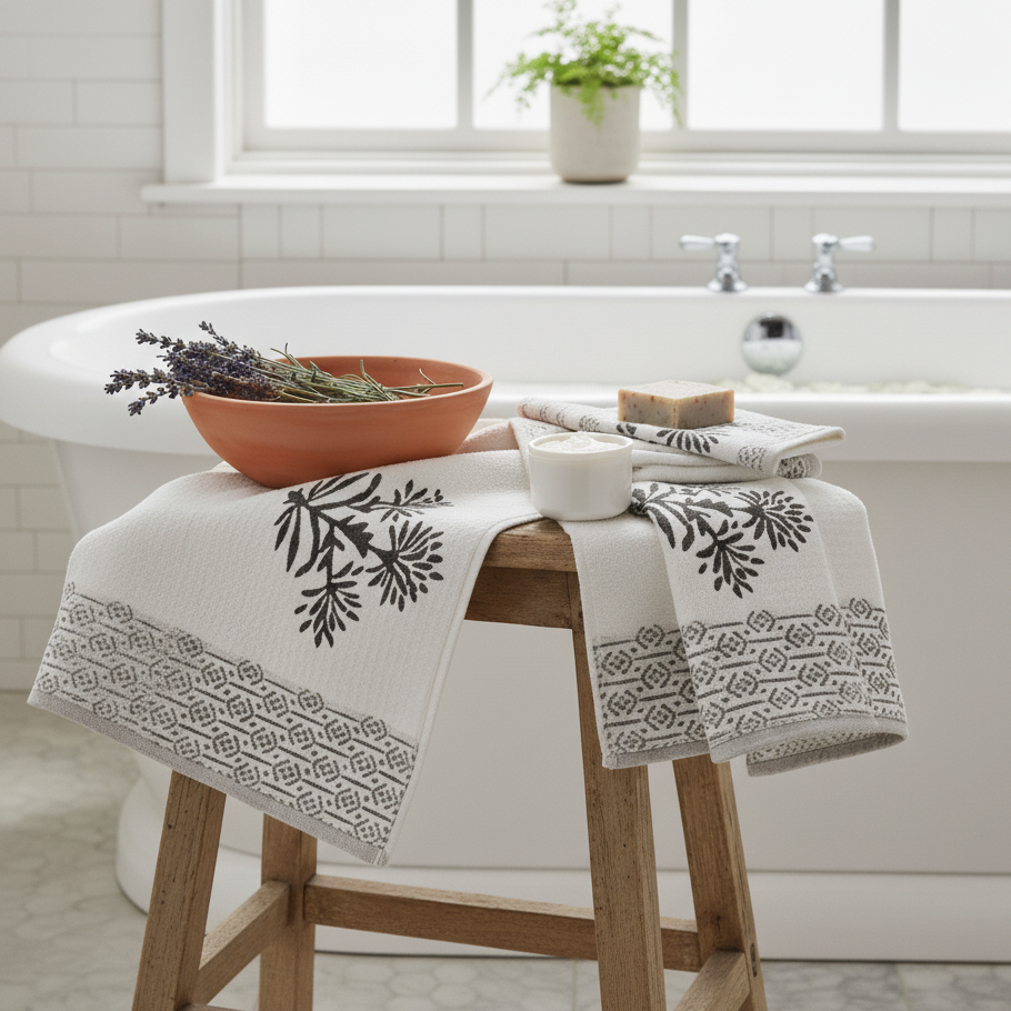bath towel set in bathroom