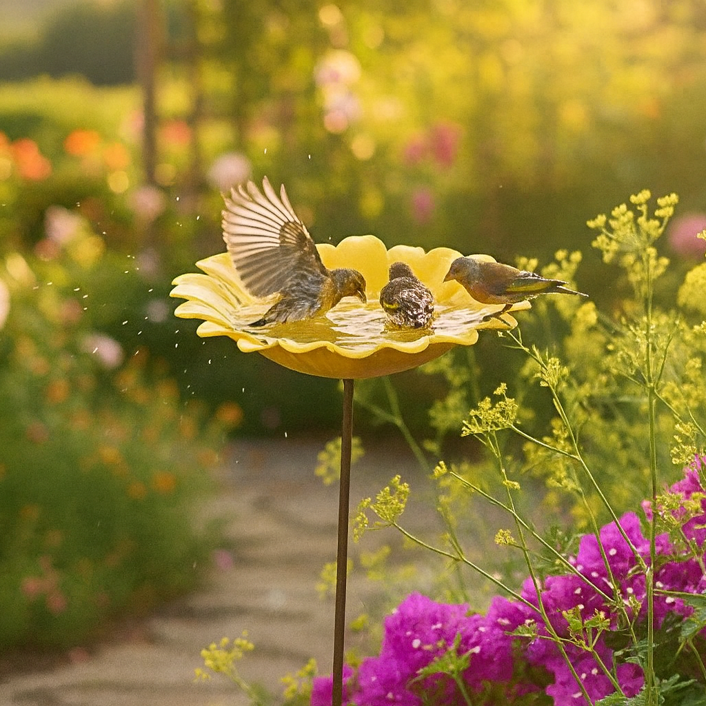 Birds perched on a yellow bird bath in a garden with flowers and a pathway.