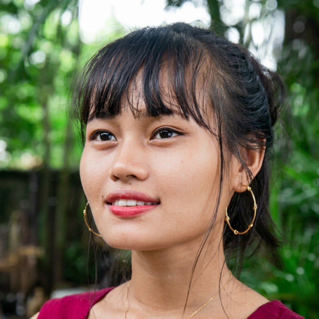 Woman with hoop earrings and a blurred green background