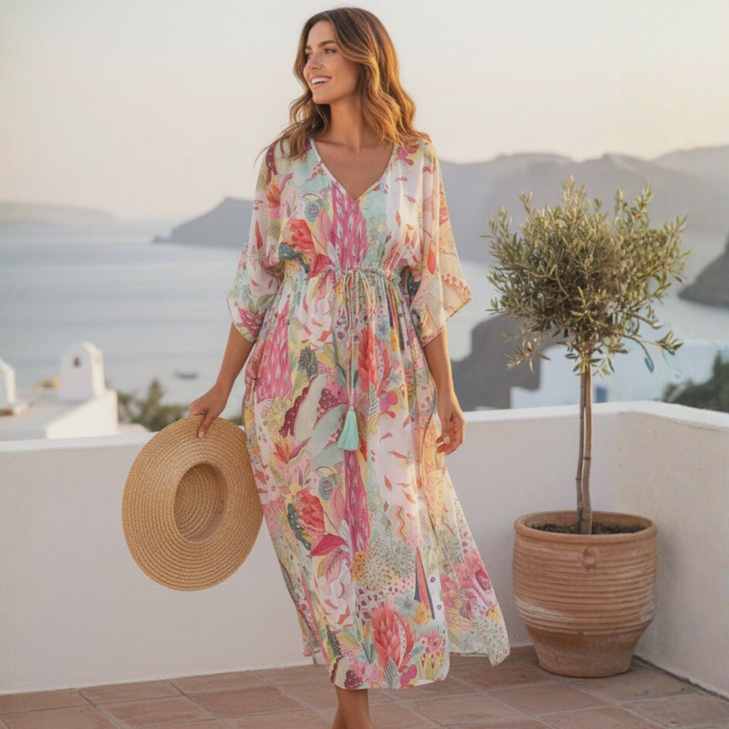 Oriental Floral Modal Satin Kaftan